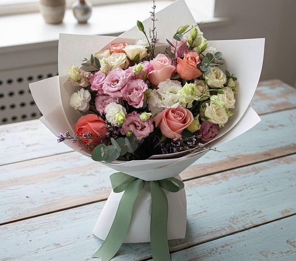 Букет цветов из: Розы, Лизиантусы и Гвоздики в Падаре