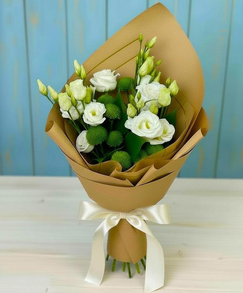 Букет цветов из: Хризантемы и Лизиантусы в Падаре