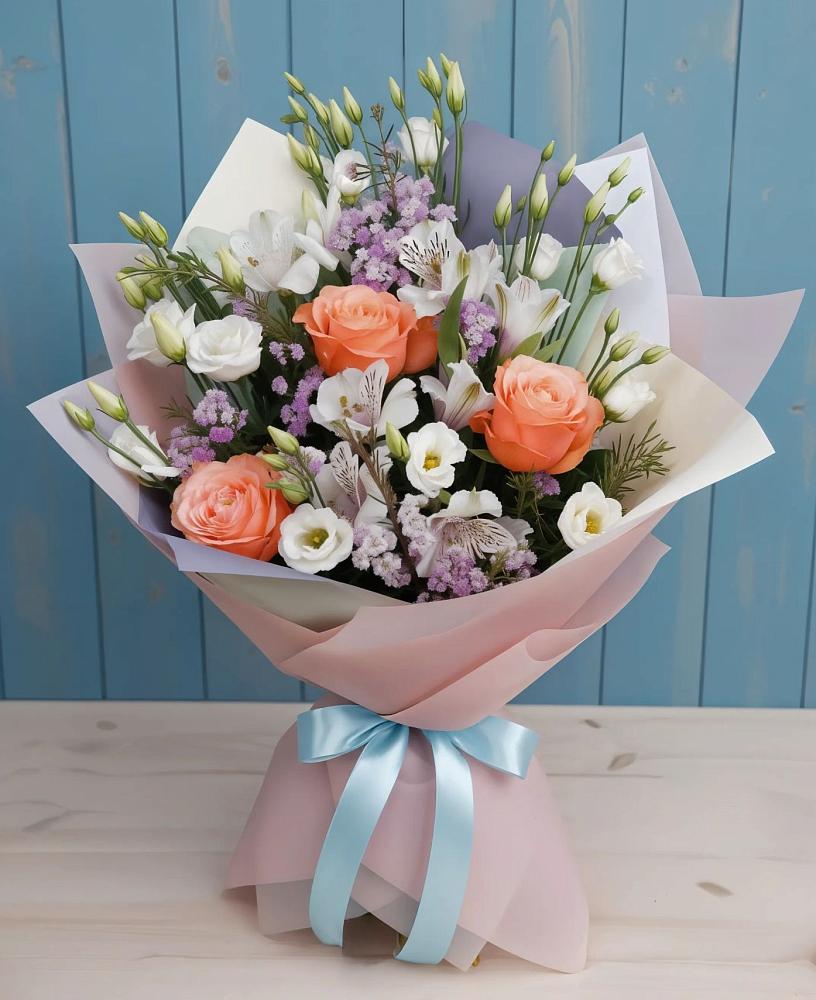 Букет цветов из: Лизиантусы, Розы, Альстромерии и Гипсофила в Падаре